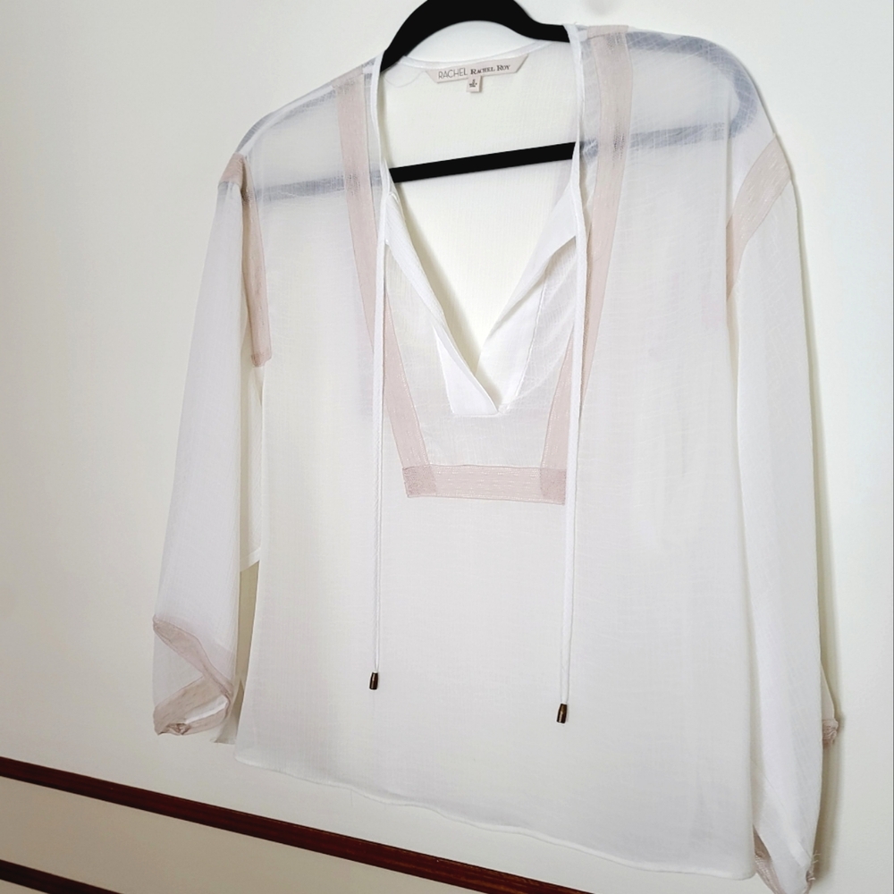 Rachel Roy ; White Blouse Top with Pink Details and Tie Neck Collar